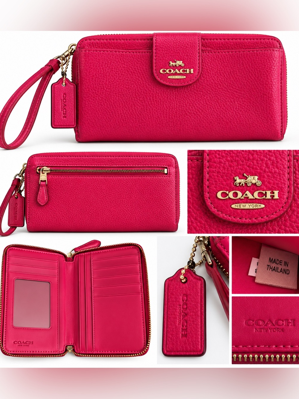 Coach Pink Pebbled Leather Zip Around Wristlet Wallet Gold Hardware Hang Tag
